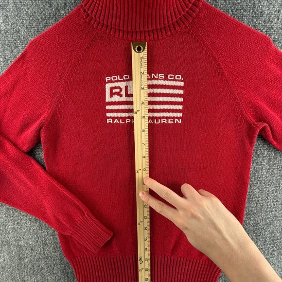 Ralph Lauren Polo Jeans Medium Red Knit Turtleneck Women Flag Sweater USA Logo - Picture 5 of 14
